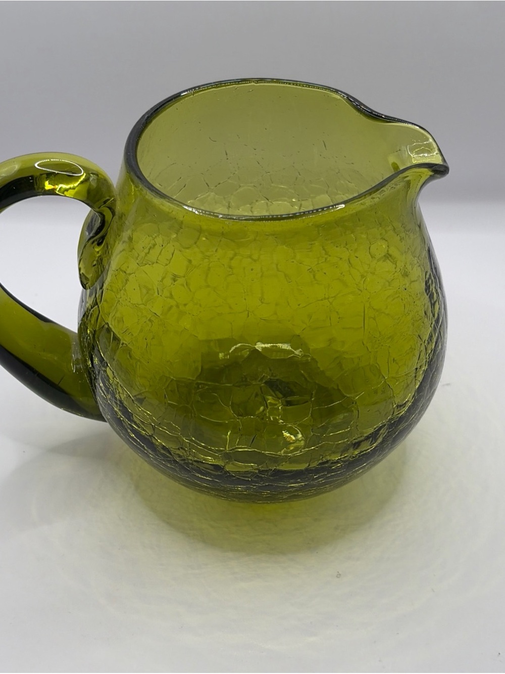 Vintage 1953 Blenko Chartreuse Crackle Glass Pitcher 3750-L 5.5” Rare Color